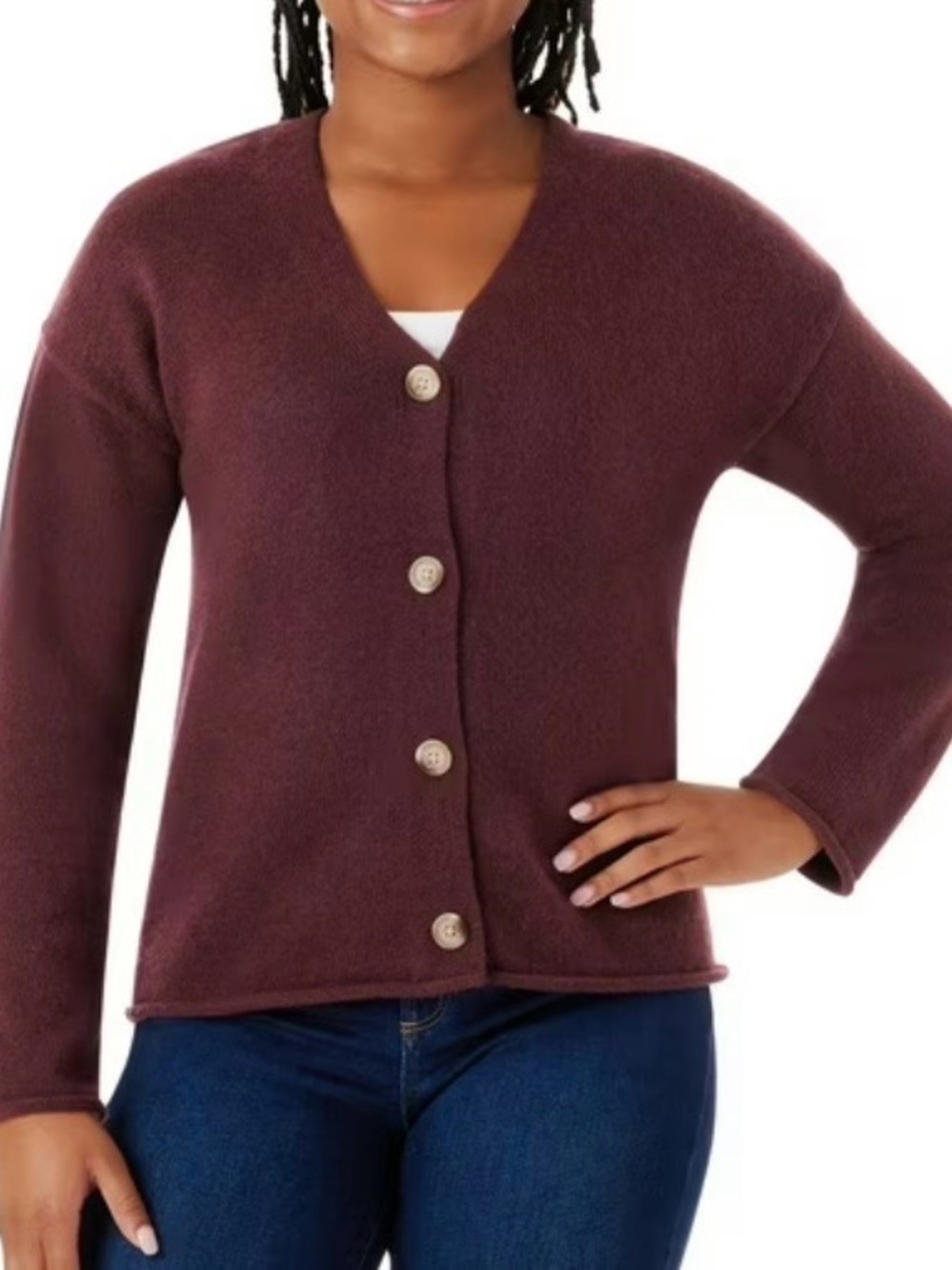 Member's Mark Women's Small Button Rolled Hem V-Neck Cardigan Black Crimson